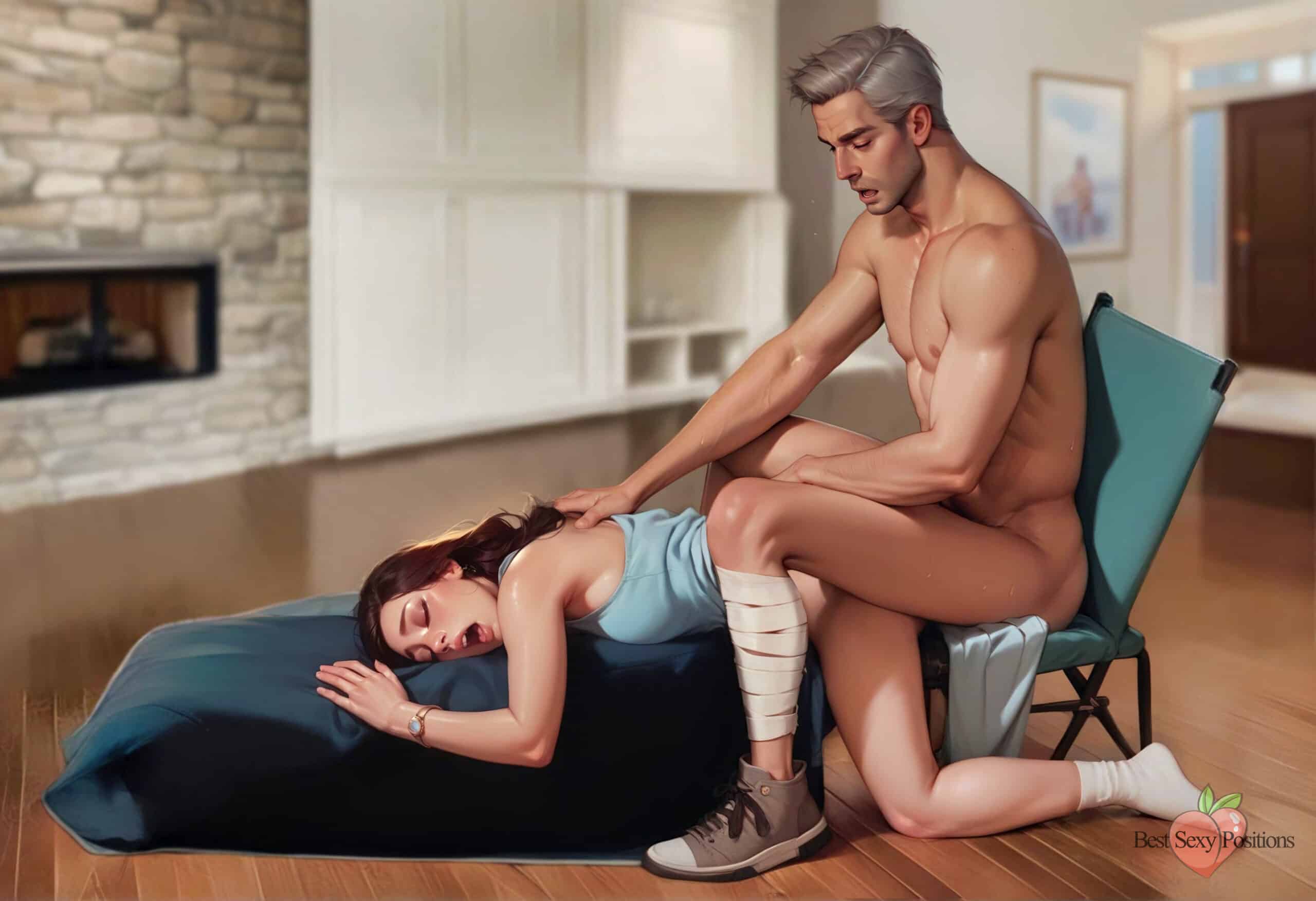 Silver-haired man penetrating brunette woman in limited mobility doggy style position.
