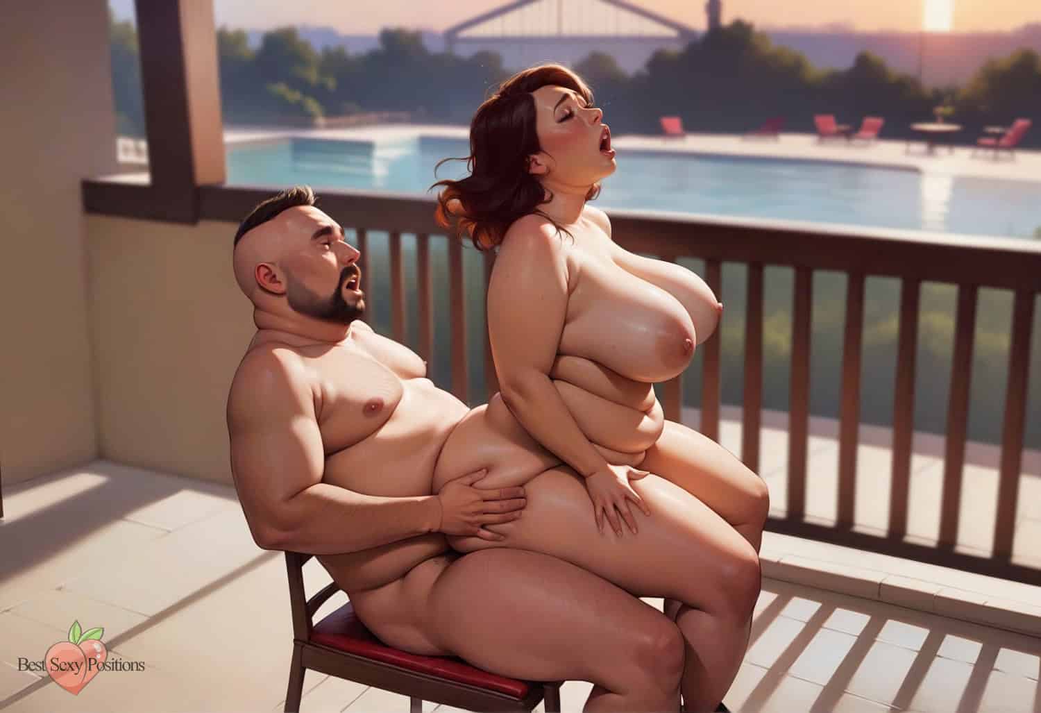 Plus-size bearded man with curvy redhead woman in lap dance position on outdoor chair. Woman with large breasts straddling partner while he