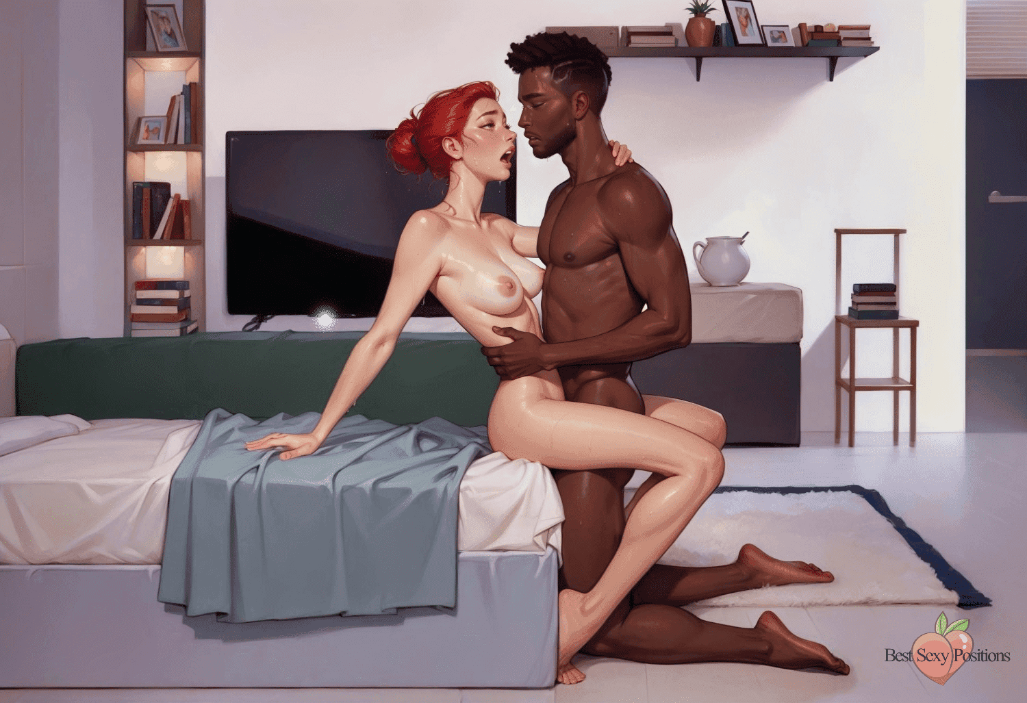 A Black man and his partner making love face to face. He is on his knees and she is on the edge of the bed.