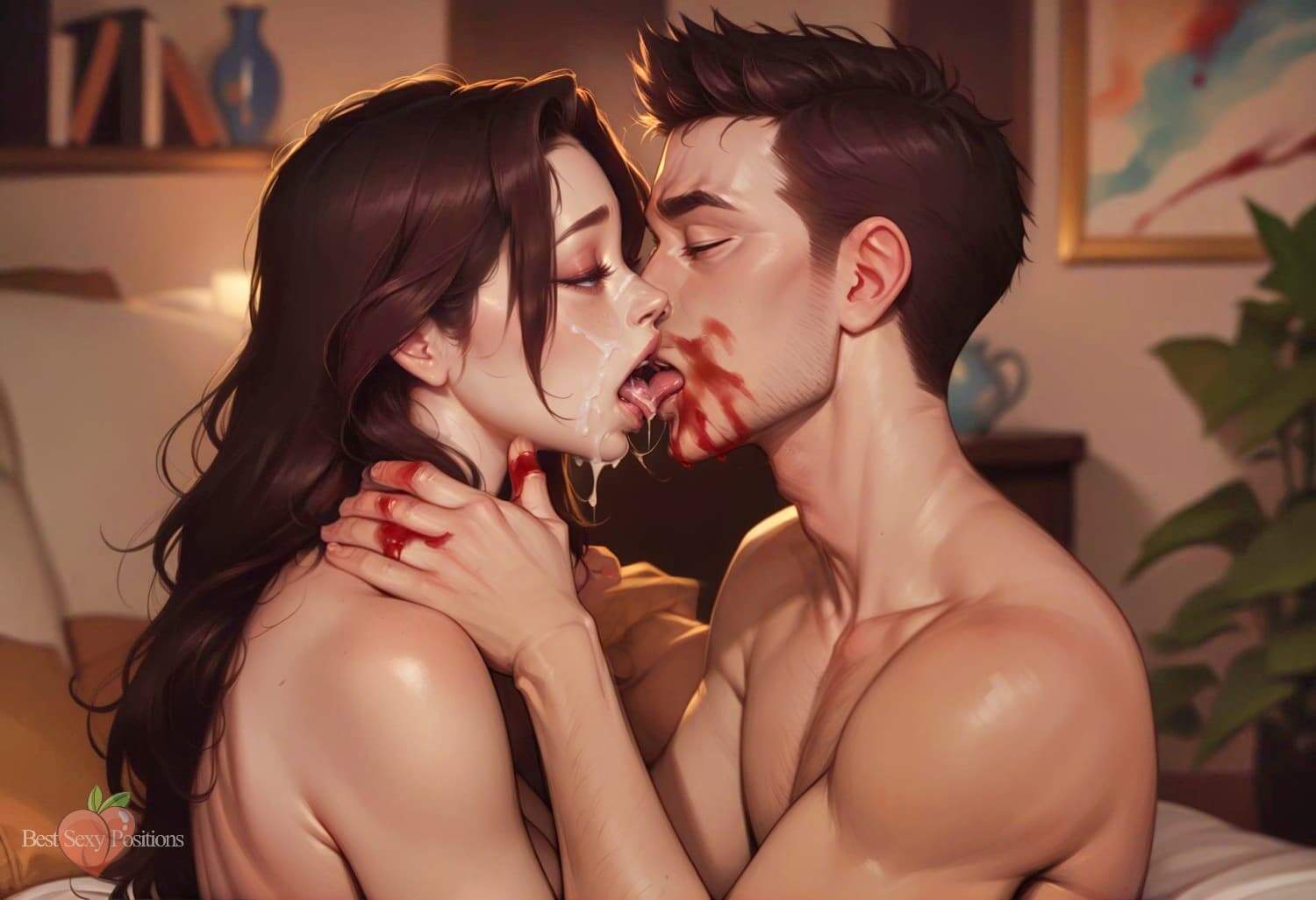 Primo piano di un rainbow kiss bagnato e disordinato, con una miscela di sangue e sperma sulle labbra di entrambi i partner.