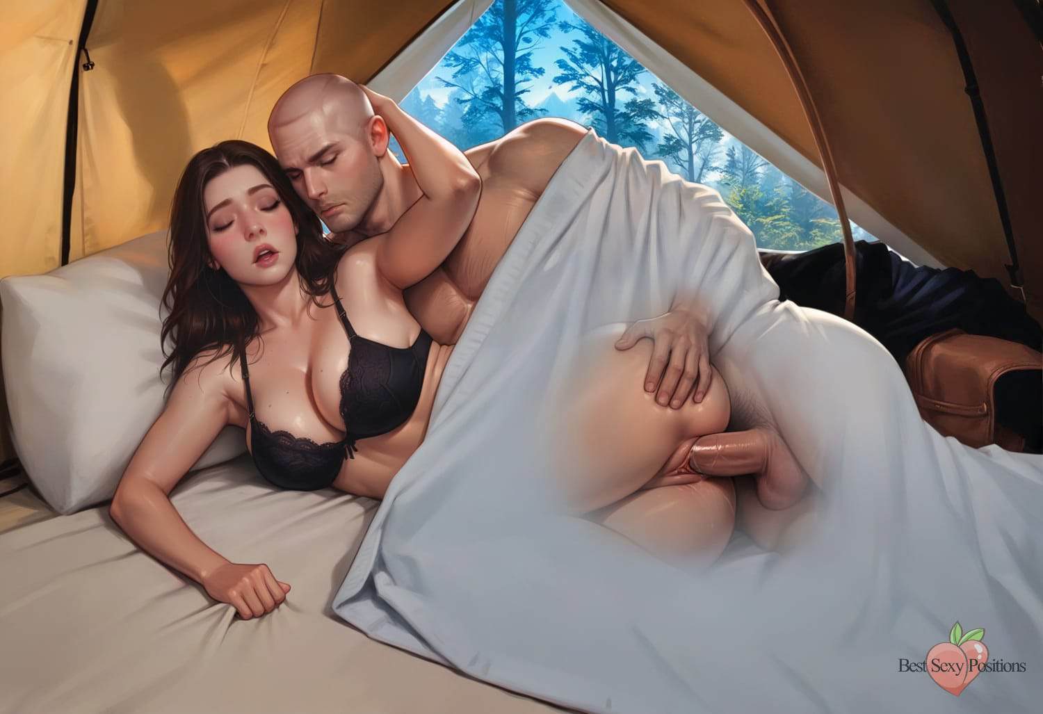 Brunette woman in black lingerie and bald man in spooning position under white blanket inside camping tent.