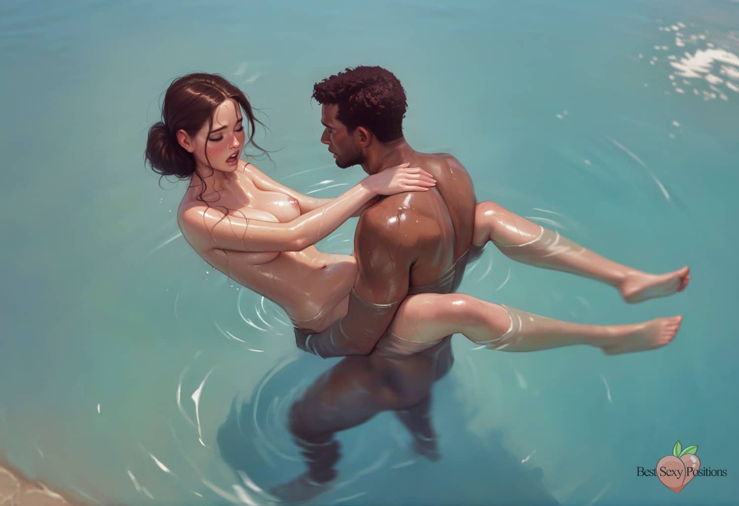 Brunette woman with legs wrapped around Black man