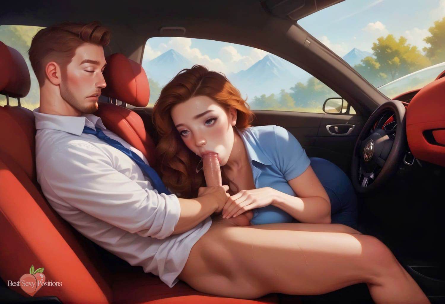 A pretty girl passionately sucks her boyfriend's cock in the car.