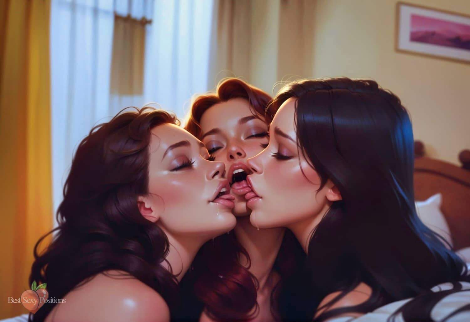 Close-up of three beautiful women kissing, lost in desire.