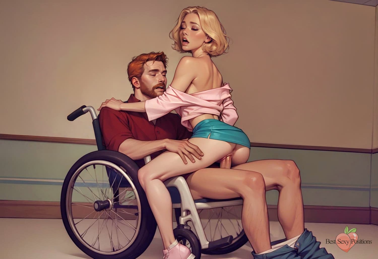 Blonde woman straddling bearded man in wheelchair in limited mobility face-to-face position. Woman wearing pink top and teal skirt sitting on partner's lap while he's seated in wheelchair during intercourse.